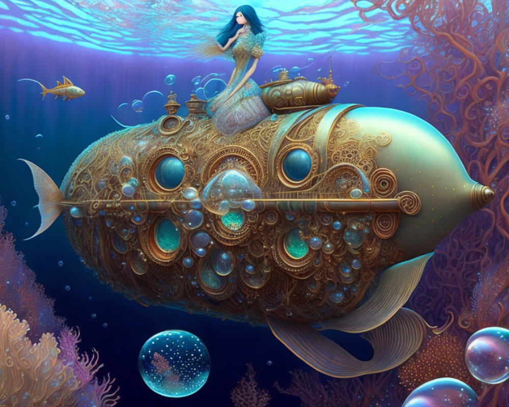 Woman on fish-shaped submarine in underwater scene