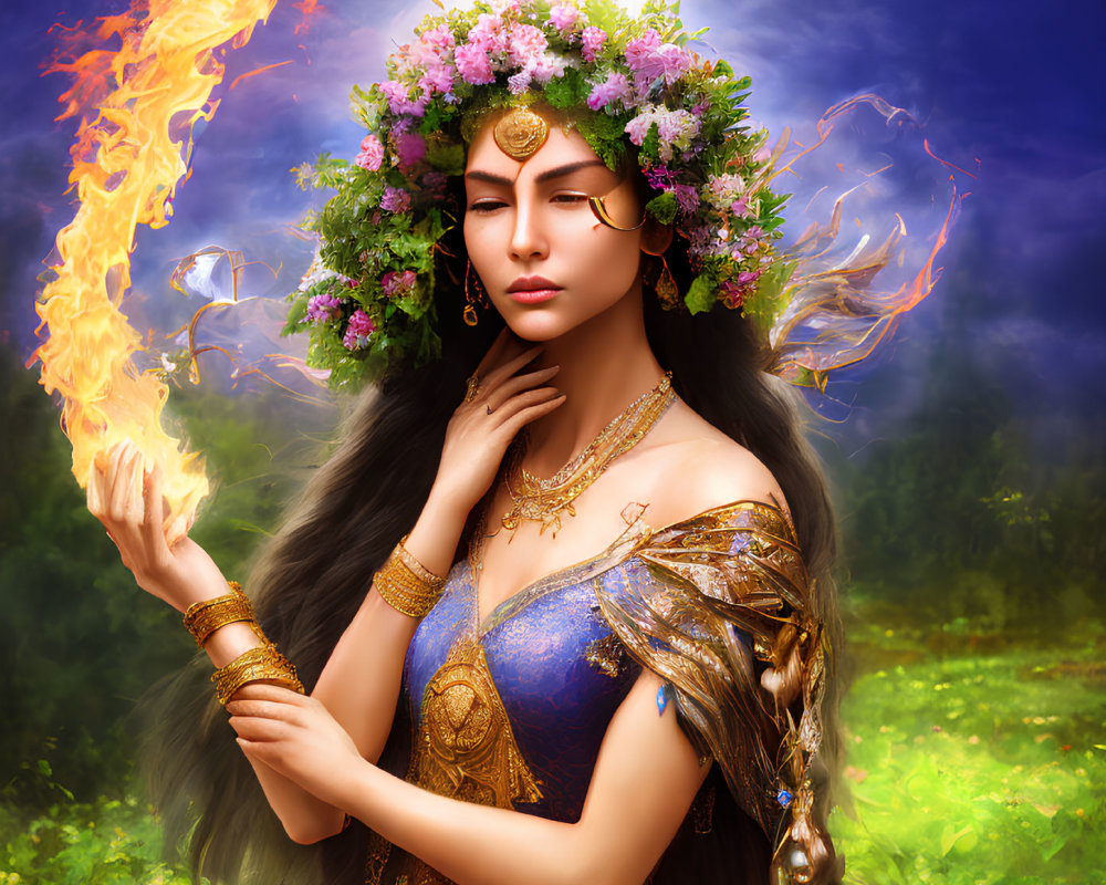 Mystical woman with floral crown and fiery magic in sunlit landscape