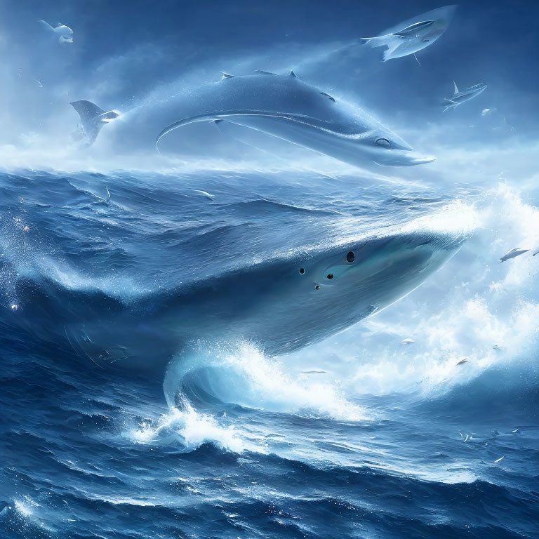 Giant flying whales over stormy ocean with birds in a fantastical scene
