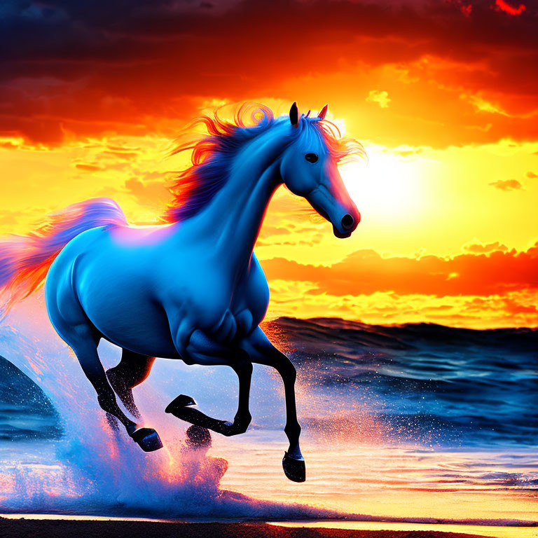 Majestic blue horse running on shoreline at sunset
