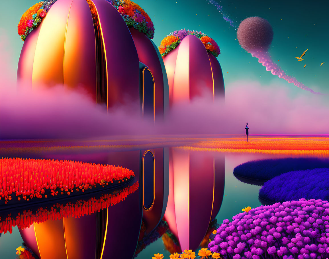 Person standing before large egg-shaped structures in colorful flora under vibrant sky
