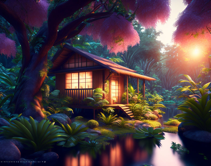 Traditional Japanese House Surrounded by Foliage and Pond at Sunset