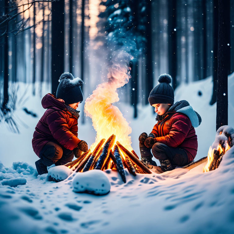 Children in winter clothing by campfire in snowy forest