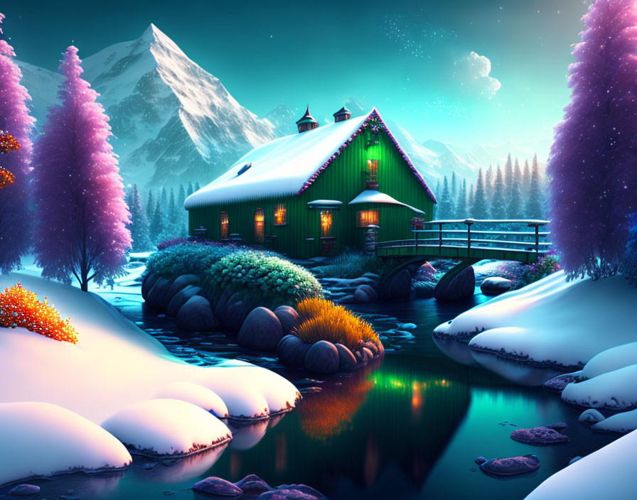 Snowy cabin by river with purple trees and mountain view
