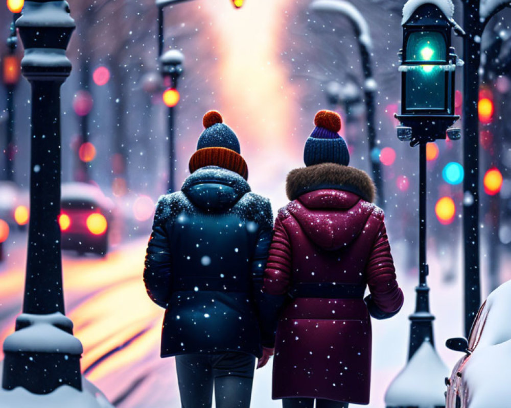 Snowy street scene with two people in winter attire, glowing streetlights, and snow-covered car