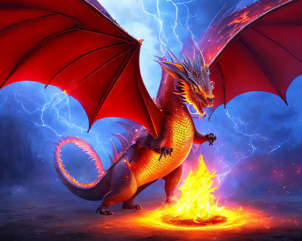 Orange Dragon Breathing Fire in Stormy Skies
