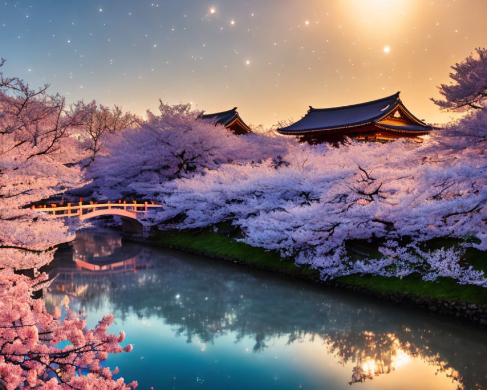 Cherry Blossoms in Full Bloom by River at Twilight