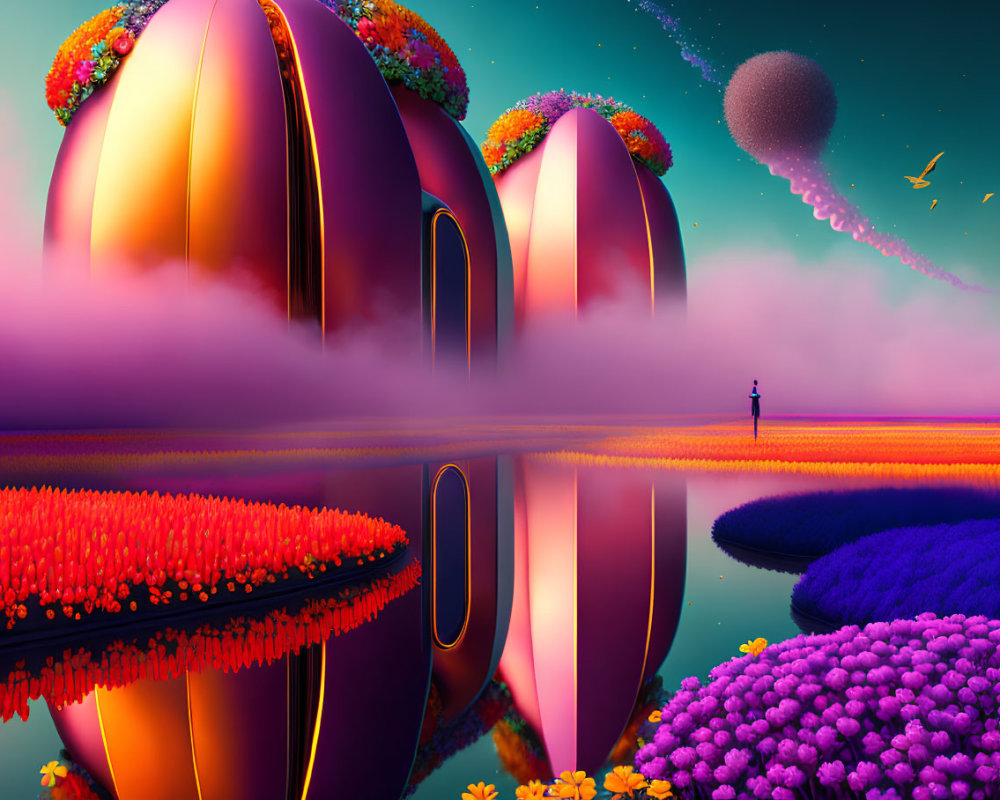 Person standing before large egg-shaped structures in colorful flora under vibrant sky