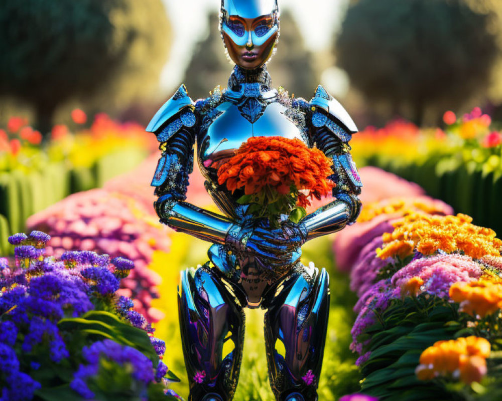 Futuristic humanoid robot among vibrant flowers with orange blossoms