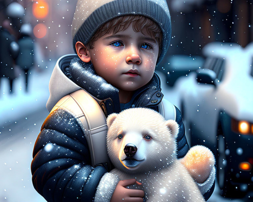 Child in winter attire holding teddy bear in snowfall