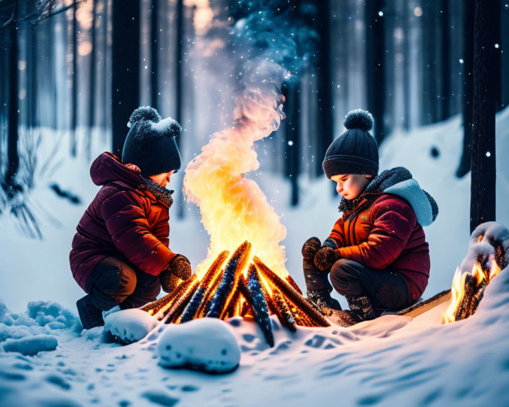 Children in winter clothing by campfire in snowy forest