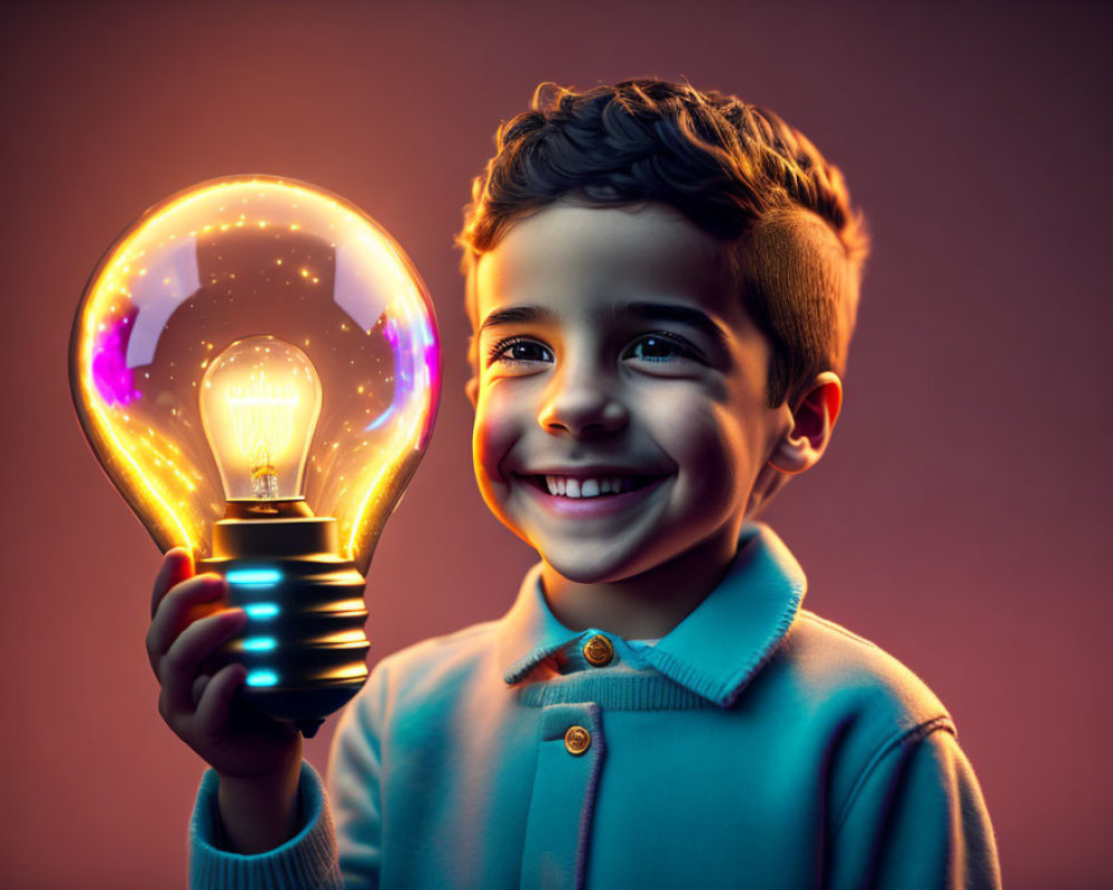 Smiling boy holding glowing light bulb symbolizing creativity