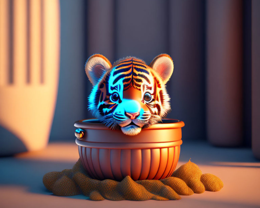 Vibrant illustration: cute tiger cub in small pot with sandy backdrop