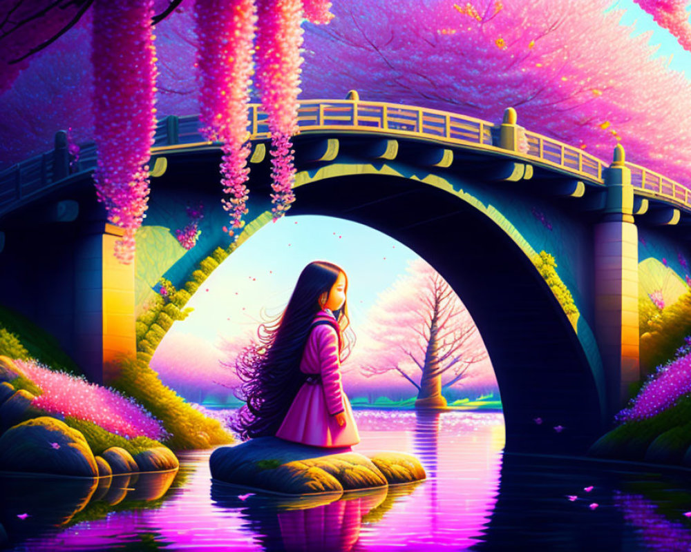 Woman in Pink Jacket by Tranquil Pond Under Blooming Arch Bridge