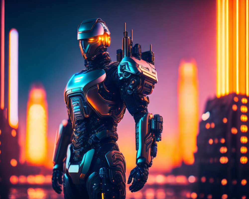 Futuristic robot with sleek armor in neon-lit cityscape