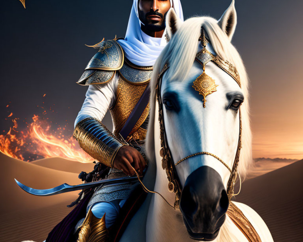 Armored knight on white horse under fiery sky and crescent moon