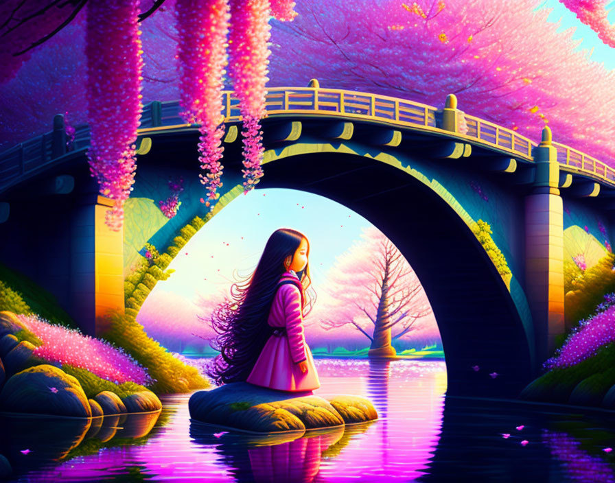 Woman in Pink Jacket by Tranquil Pond Under Blooming Arch Bridge