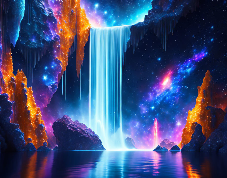 Cosmic waterfall cascading into serene lake under starry sky
