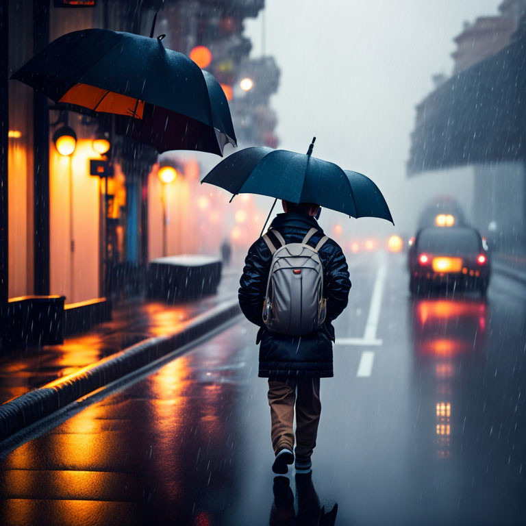 Person with backpack holding umbrella walks on wet city street in rain