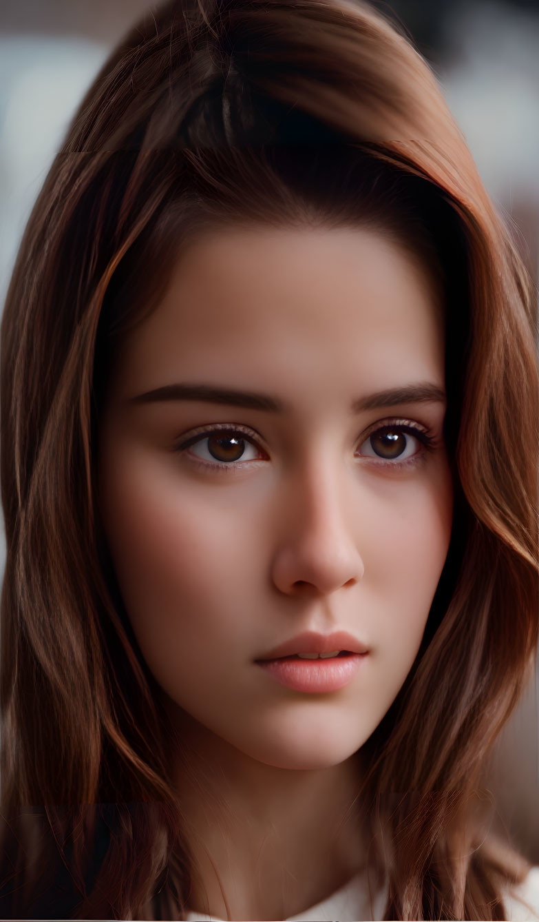 Young woman with long brown hair and contemplative expression in portrait.