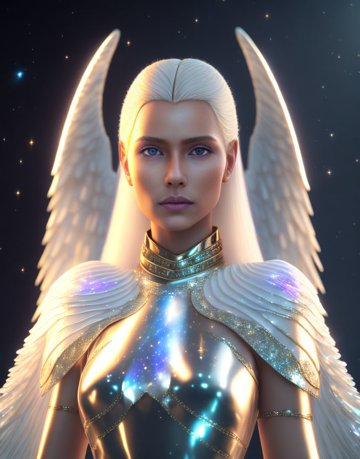 Digital Artwork: Angelic Figure with White Wings and Golden Armor