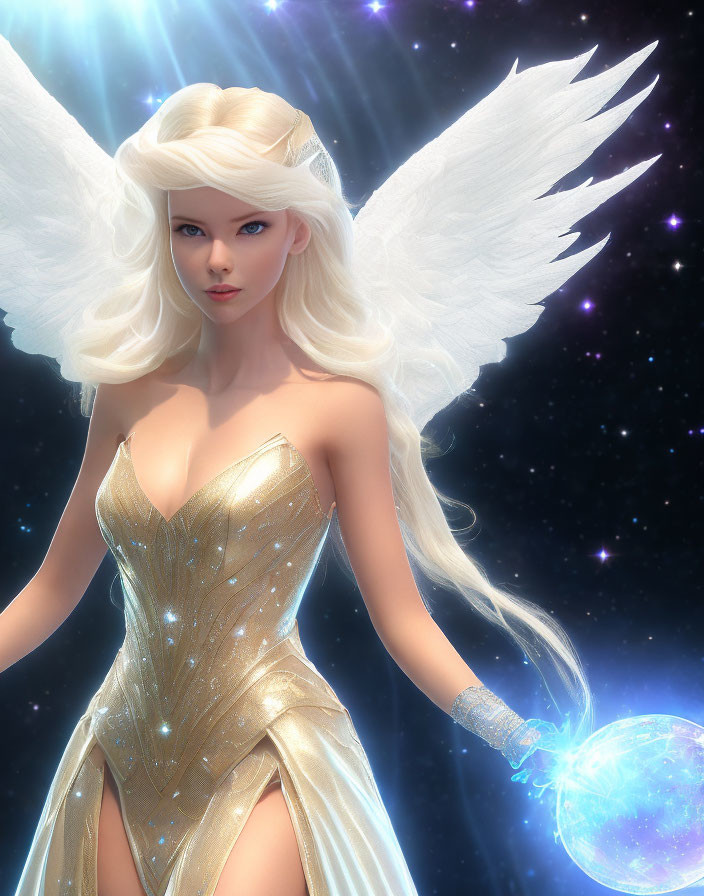 White-winged angel in golden attire with glowing orb on starry backdrop