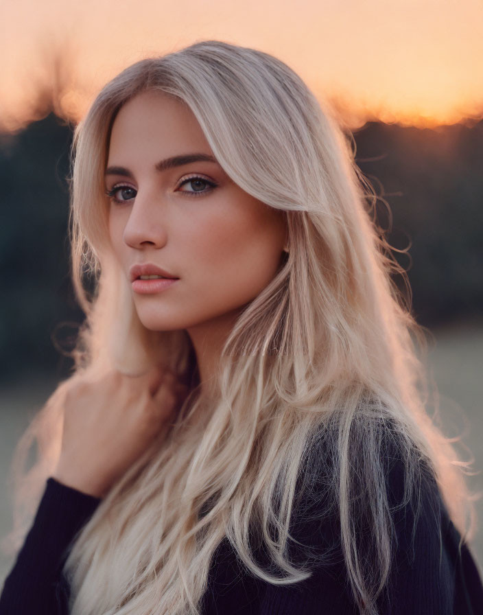 Blonde Woman Portrait with Blue Eyes and Sunset Background