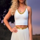 Blonde woman in white sleeveless top and flowing skirt with metallic belt poses outdoors