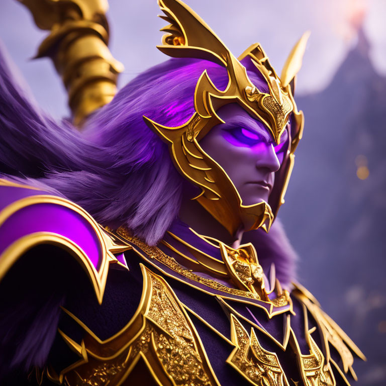 Character in ornate golden armor with purple accents against mountainous backdrop