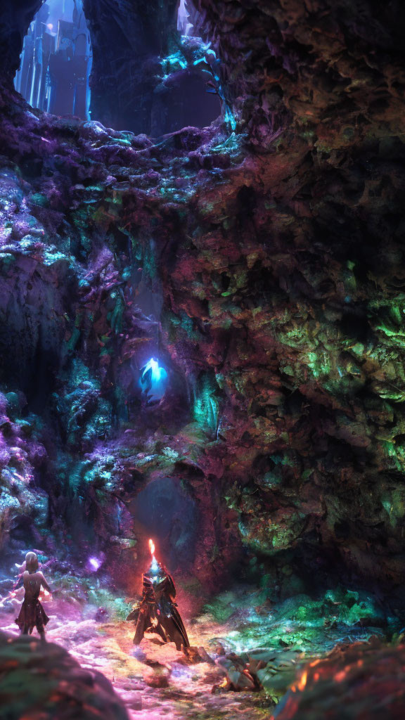 Subterranean cavern with armored figures exploring moss-covered terrain