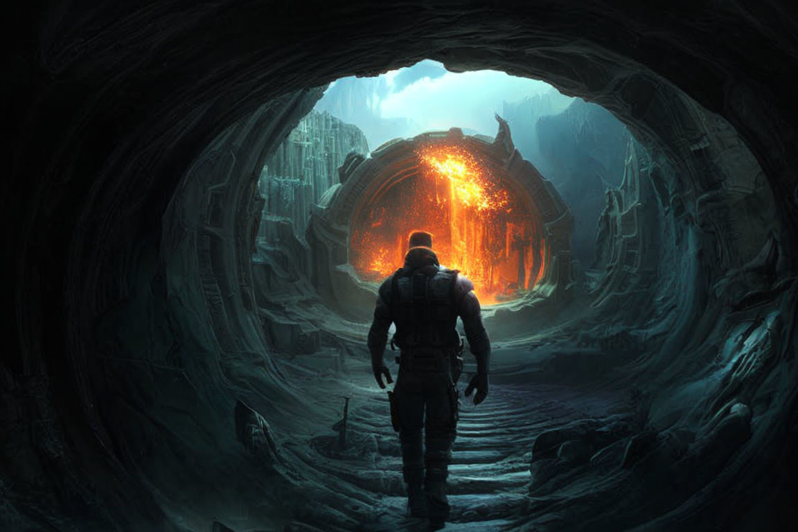 Person standing at cave entrance facing glowing fiery portal in dark setting