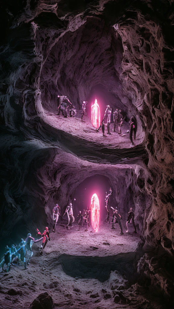 Surreal digital artwork: Two groups in bioluminescent cave