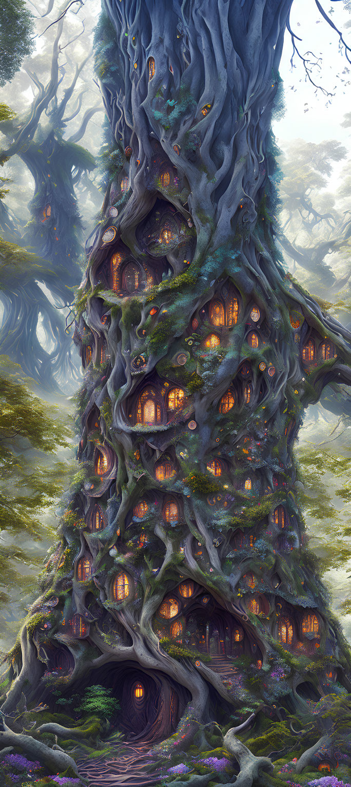 Enchanting tree with intricate windows and doors in mystical forest