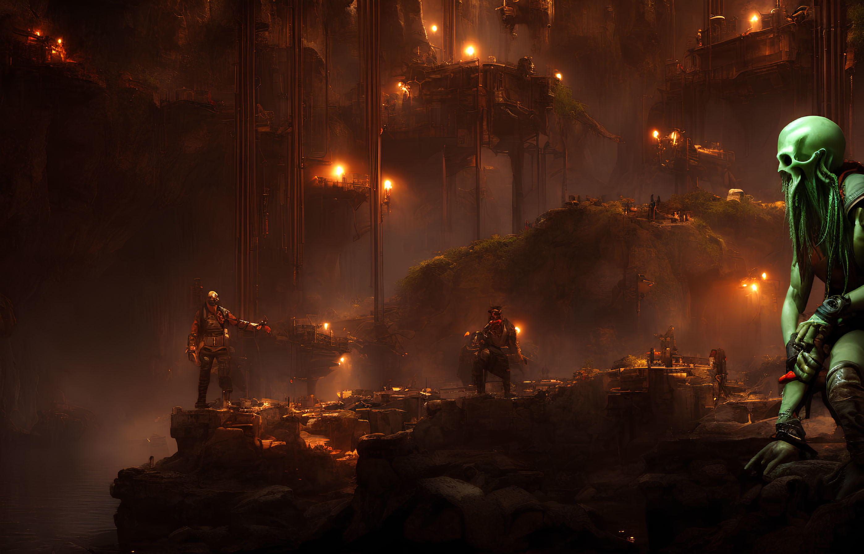 Dystopian underground landscape with armed figures, large skull, rocky terrain, and industrial structures lit by