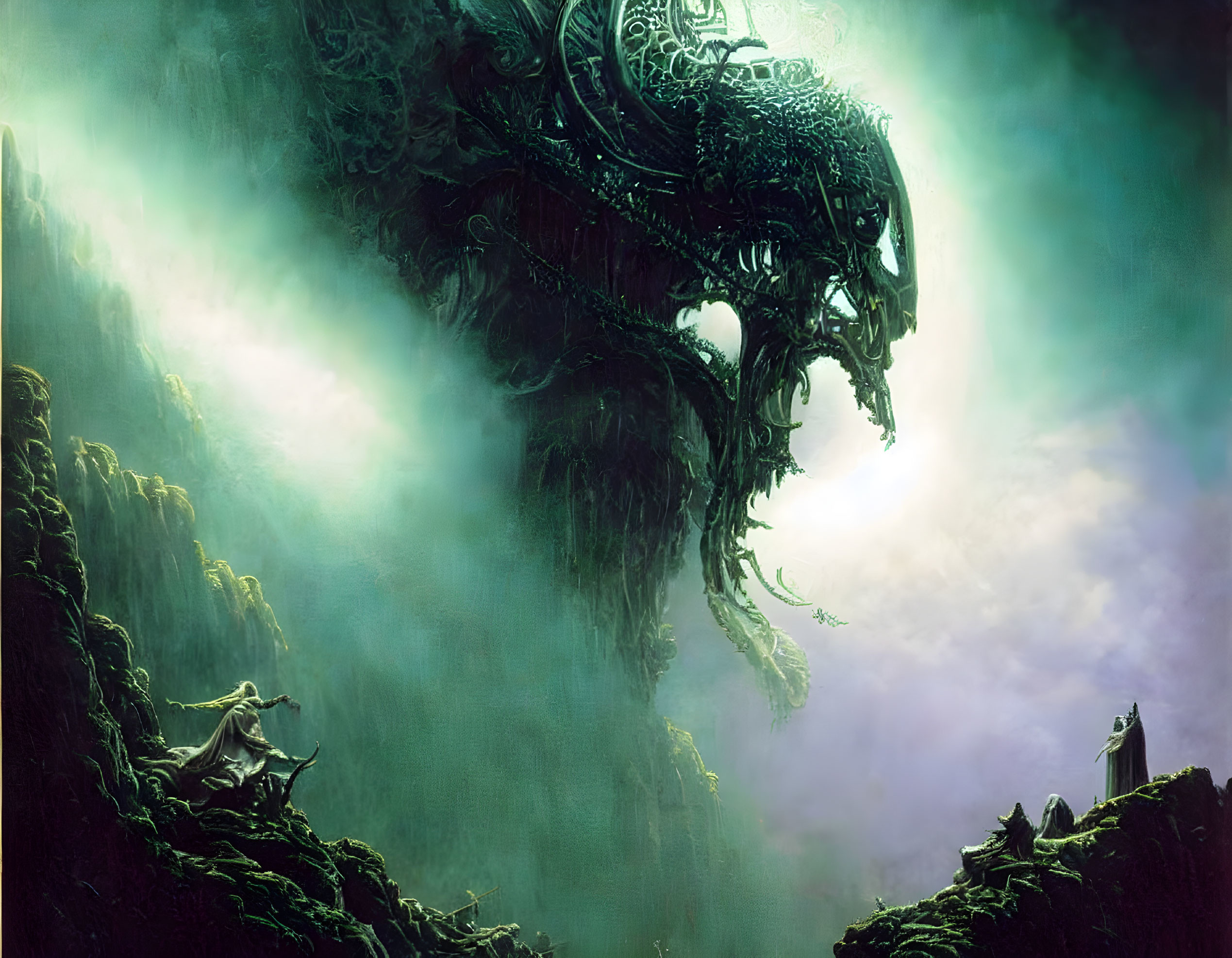 Green-hued image of massive dragon above cliff with figure below, evoking adventure.