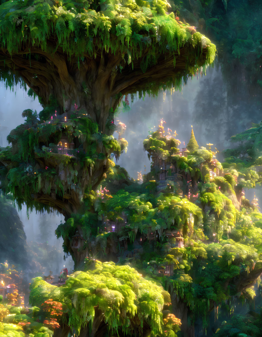 Mystical towering tree with lush green foliage and intricate dwellings in misty forest
