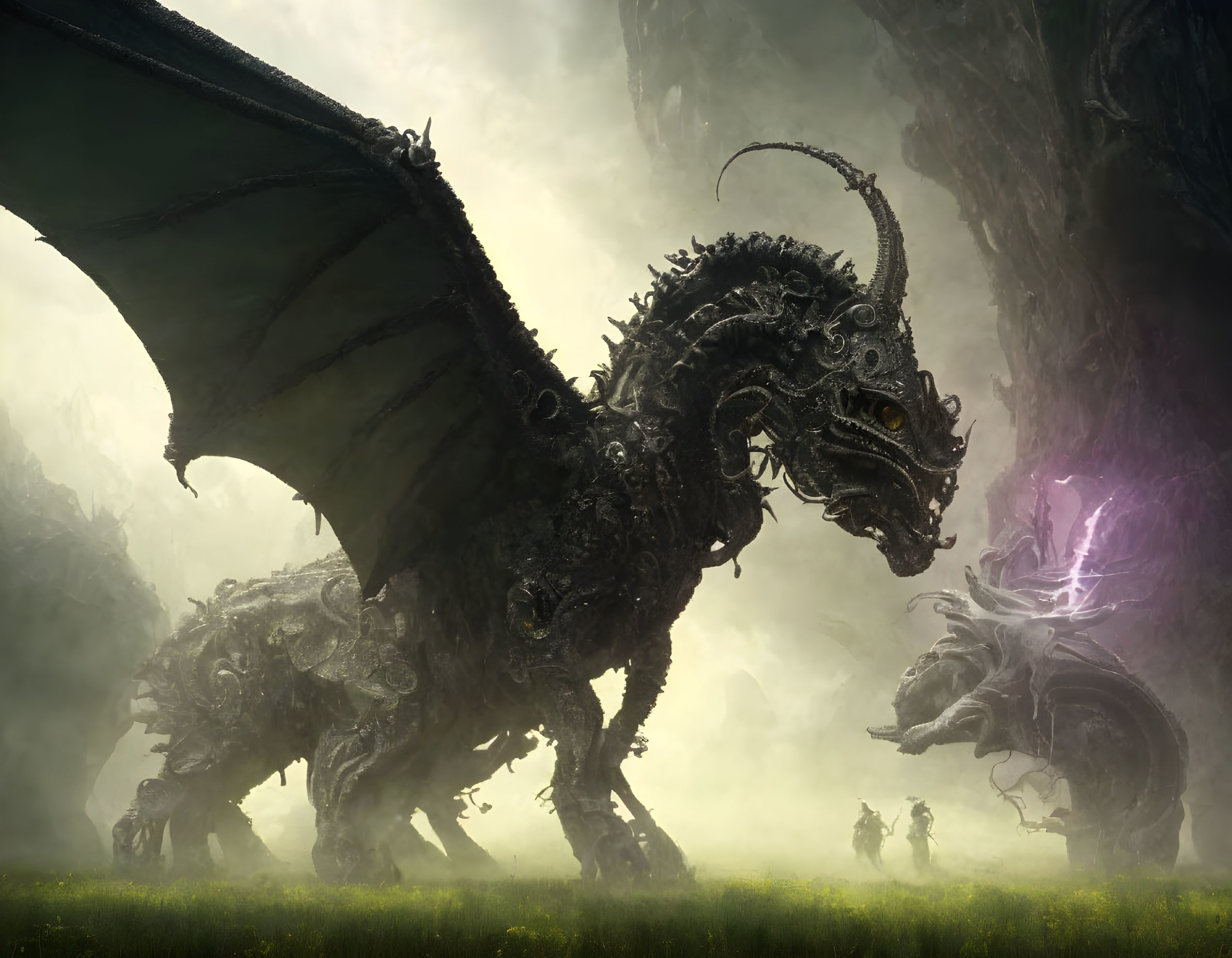 Large dragon dominates misty landscape with humans and magical energy.
