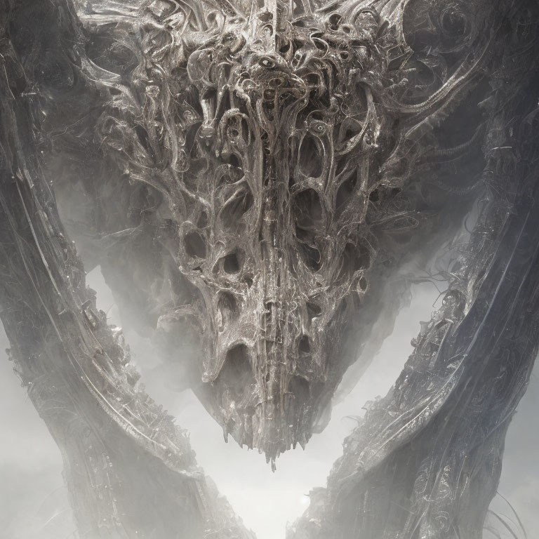 Gothic skull-embedded structure in hazy, monochromatic atmosphere