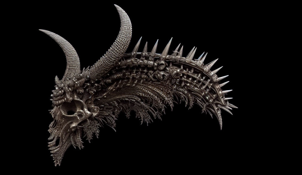 Detailed Metallic Dragon Head Sculpture with Sharp Horns and Scales on Black Background
