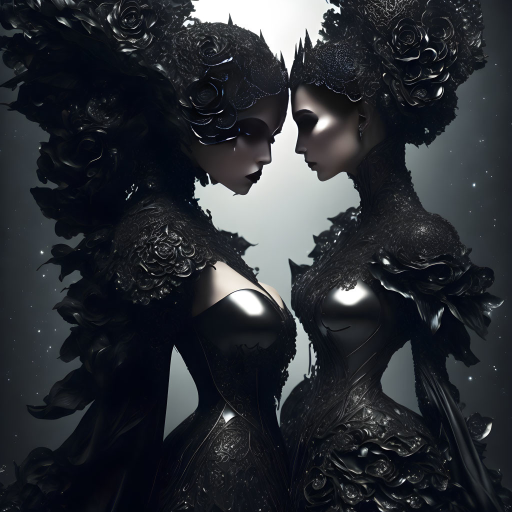 Symmetrical fantastical female figures in ornate black dresses and elaborate headdresses against dark background