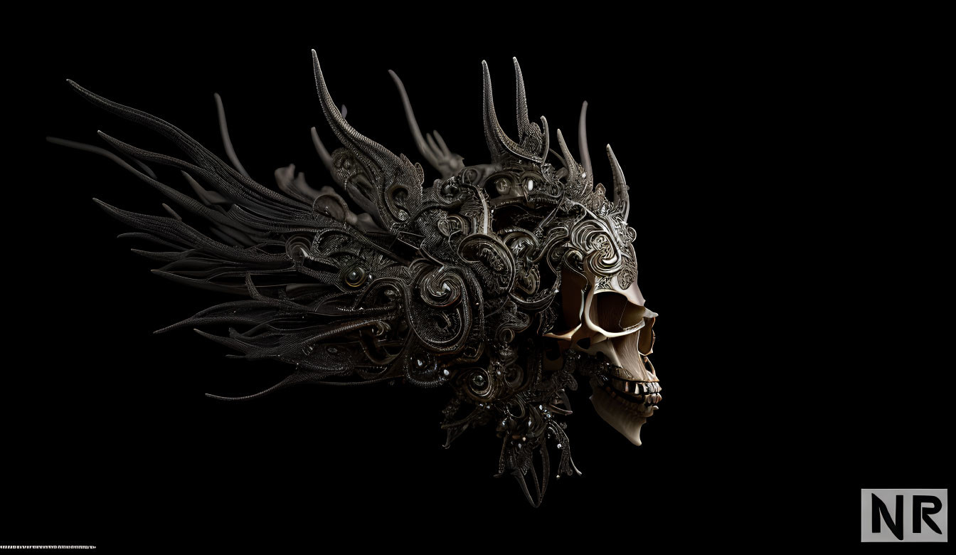 Intricate metallic skull with regal headdress on black background