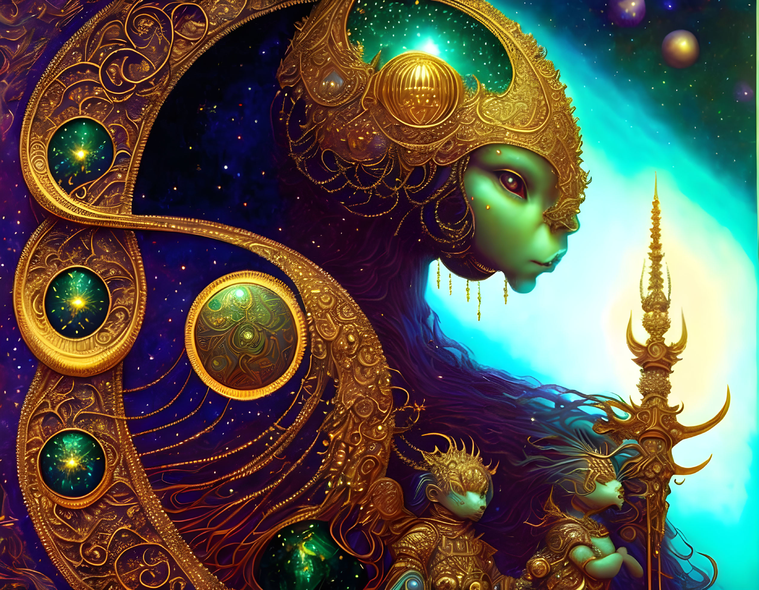 Colorful illustration of mystical female figure with green skin and golden headdress in cosmic setting