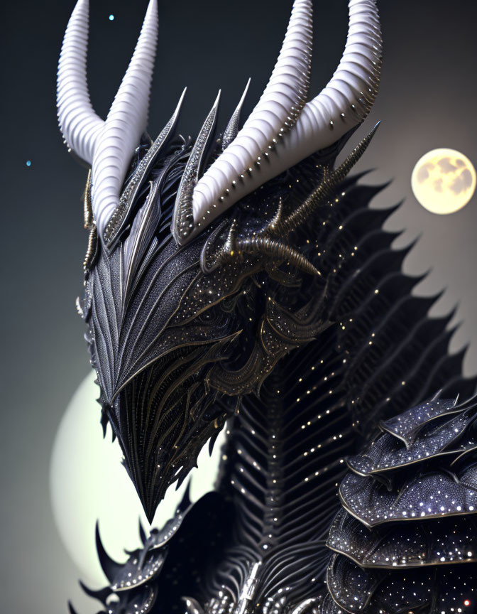 Detailed Dragon Head Artwork with Intricate Scales and Curved Horns under Night Sky