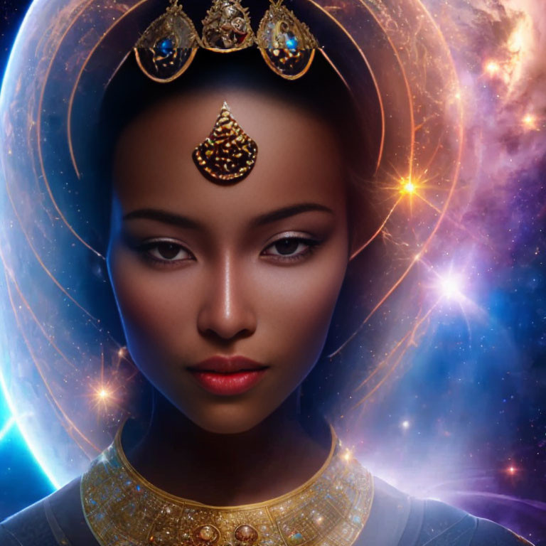 Serene woman in golden headdress against cosmic backdrop