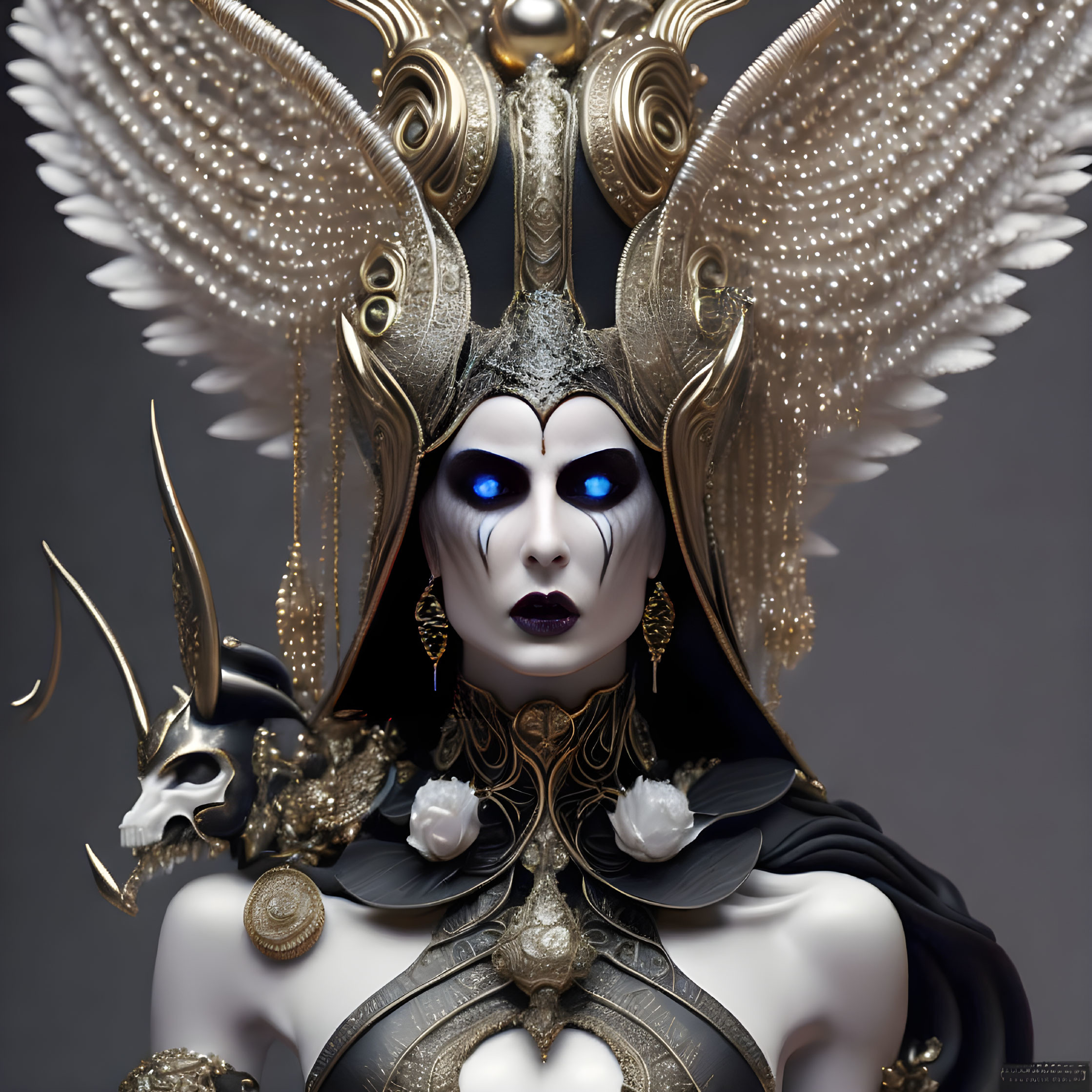 Fantasy character with gold and white headdress, glowing blue eyes, dark makeup, and skull on