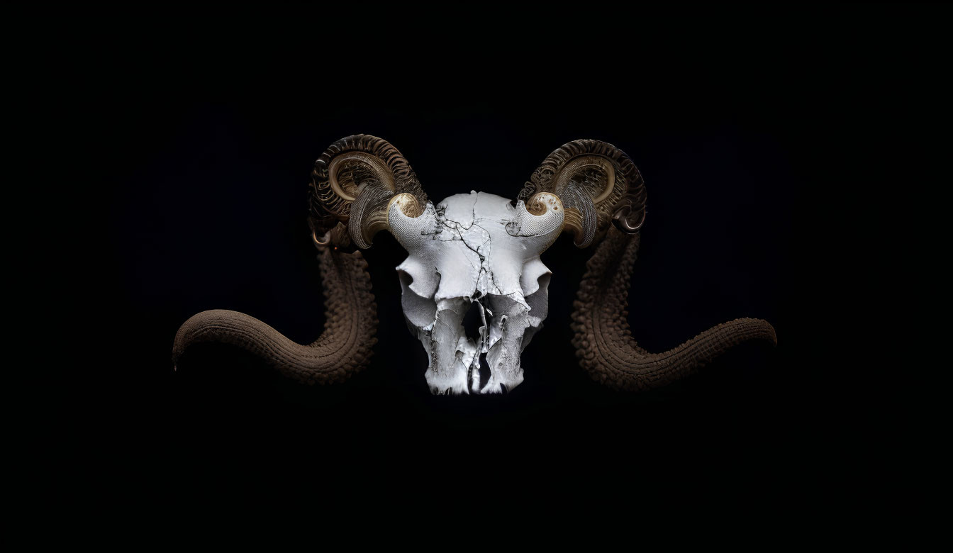 Symmetrical Ram Skull with Horns and Snakes on Black Background