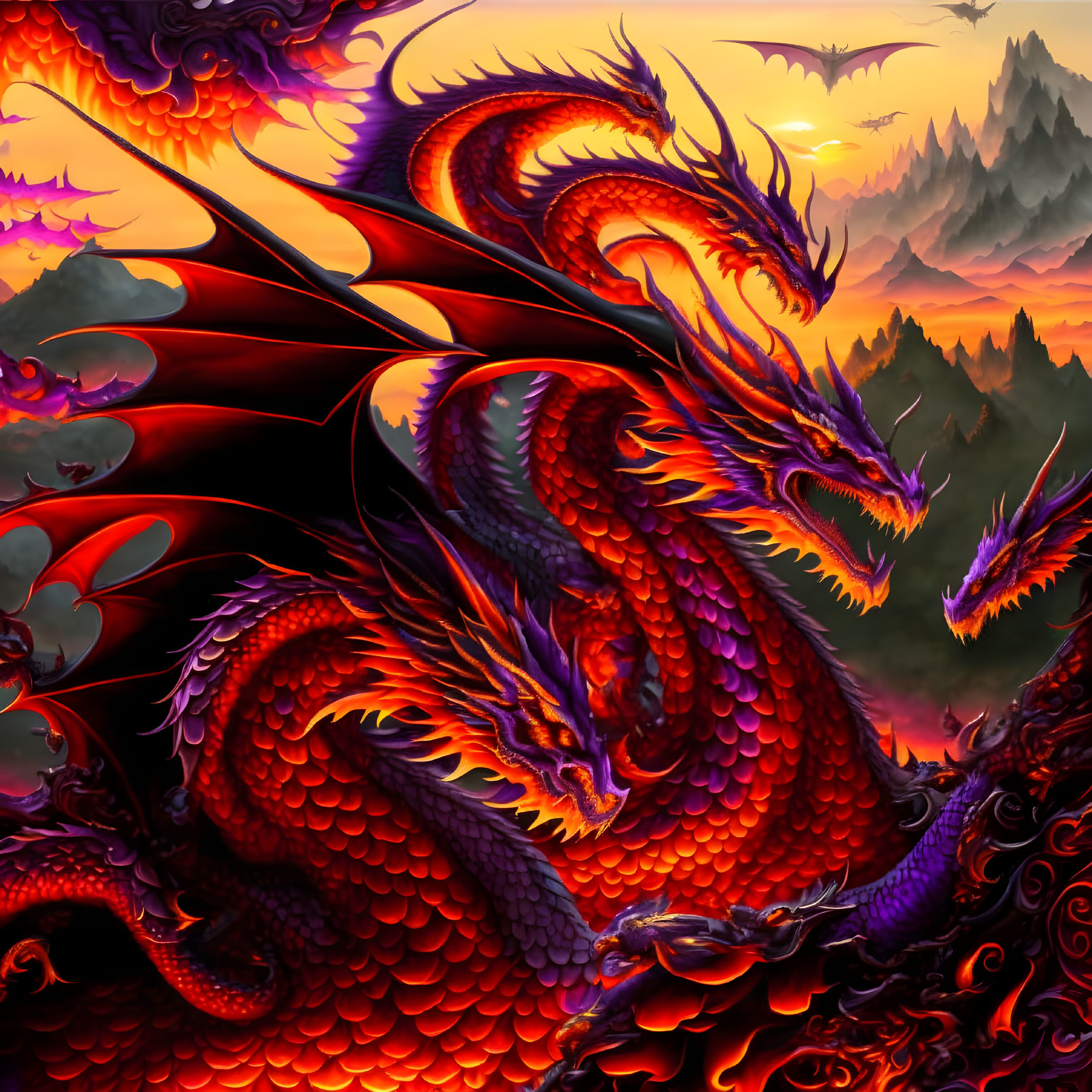 Detailed fiery red dragon illustration in dramatic sunset setting.