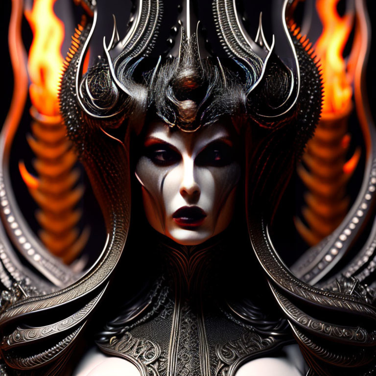 Fantasy armor with horn-like extensions and flames in dramatic portrait