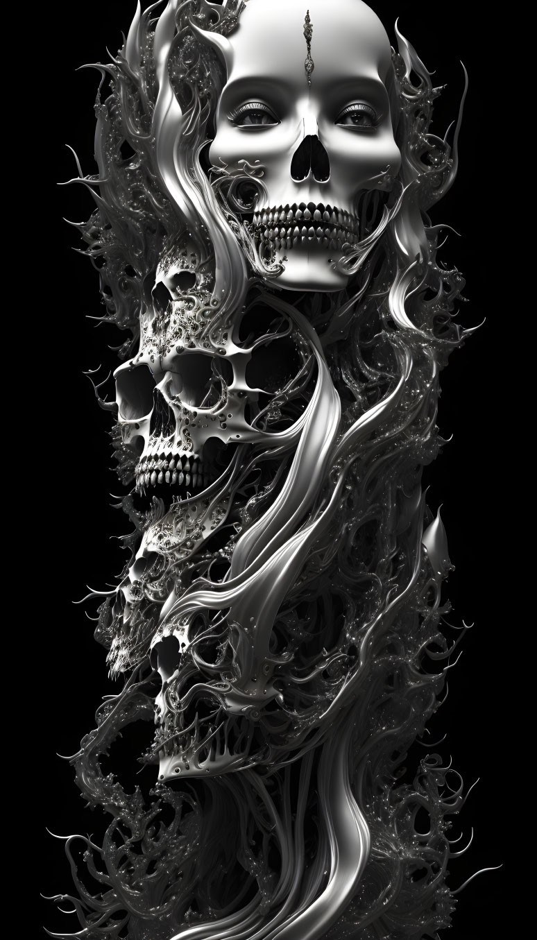 Monochromatic humanoid figure with skull features in intricate design on black background