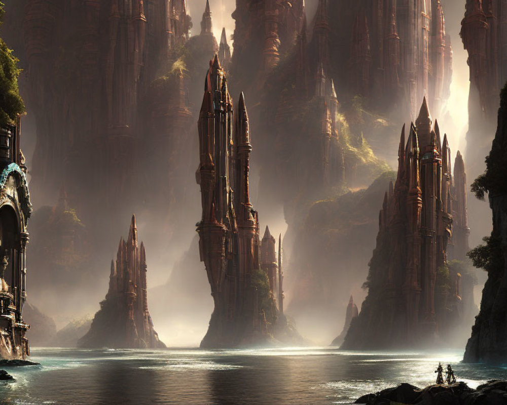 Ethereal fantasy landscape with rock formations, lake, and misty light beams.